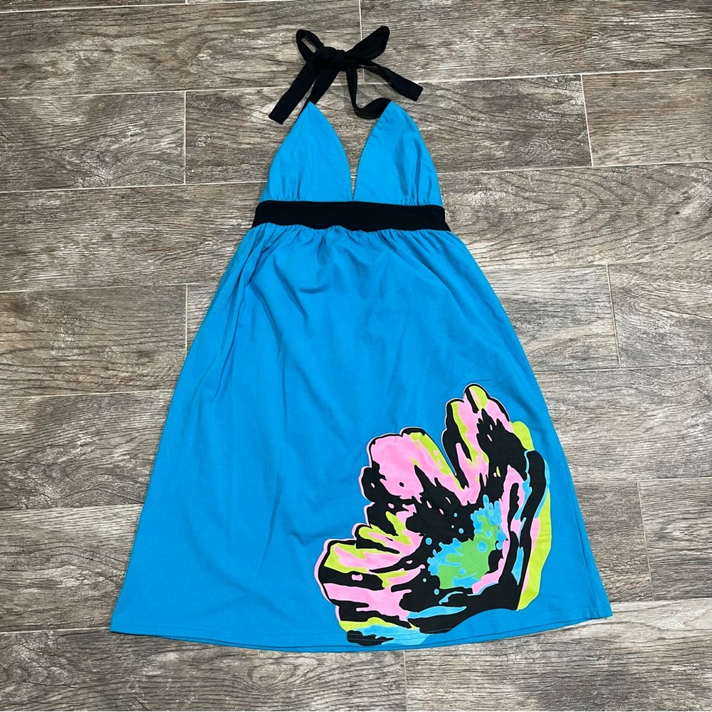 Blue Halter Dress with Floral Print